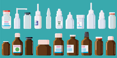 Pharmacy medical set bottles, jars, tubes, sprays droppers with capsのイラスト素材