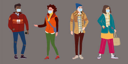 Set Young people womans mans black and white in modern autumn trendy clothes. In medical mask, individual protection from viruses, smog, vapor. Fashion casual outerwear street style character. Flat cartoon style vector isolatedのイラスト素材