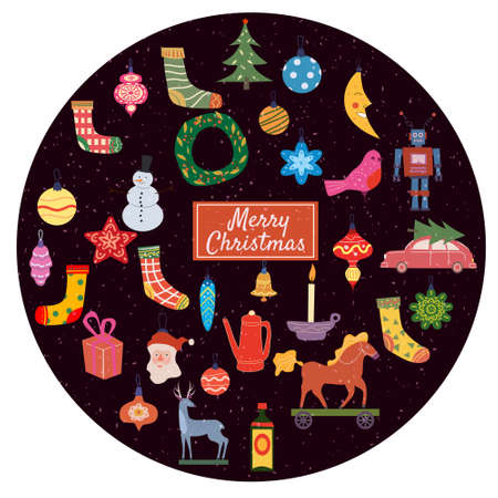 Set Christmas Retro Toys balls decorative elements. Xmas collection vintage elements baubles, toys, gift boxes, garlands, xmas trees. Vector illustration accessories for poster banner cardのイラスト素材