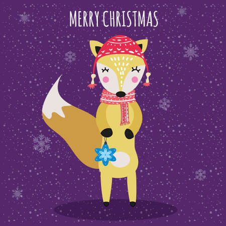 Merry Christmas Cute Fox with scarf, hat and toy, card. Hand drawn character illustration vector isolated poster bannerのイラスト素材