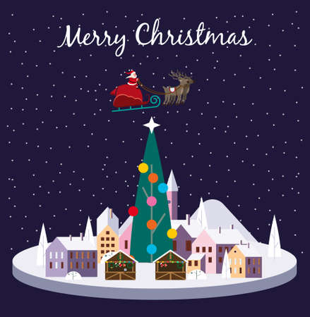 Winter cityscape town buildings old Europe. Merry Christmas card minimal style, Santa Claus with deers in night sky. Trendy vector illustration flatのイラスト素材
