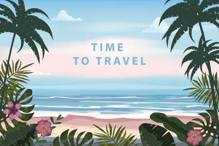 Time To Travel Summer Vacation Poster Retro. Seascape beach palms seachore tropical ocean, vector, illustration vintage bannerのイラスト素材