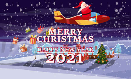 Santa Claus Van with text Merry Chrismas and Happy New Year 2021 flying in plane on night winter town delivering shipping giftsのイラスト素材
