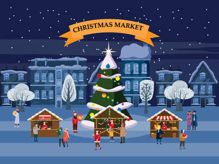 Christmas Market holiday fairs or festive on city square. People walk and buy between canopy, stalls, kiosks. Background silhoutte old town, Xmas tree. Vector illustration isolatedのイラスト素材