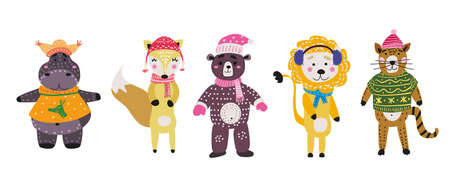 Christmas Animals set cute hippo, fox, bear, cat with scarf, hat and sweater.. Hand drawn collection characters illustration vector isolatedのイラスト素材