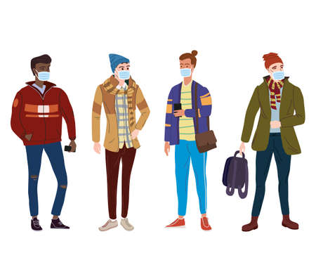 Set Young mans students in modern autumn trendy clothes. In medical mask, individual protection from viruses, smog, vapor. Fashion casual outerwear street style character. Flat cartoon style vector isolatedのイラスト素材