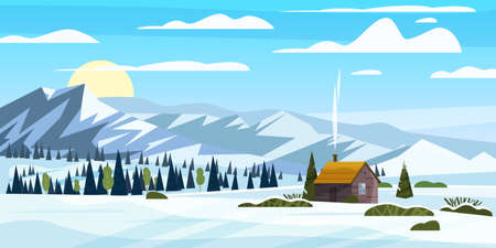 Winter mountains snow landscape panorama, pines ate, hills lonely building, field. Vector illustration card, poster, banner templateのイラスト素材
