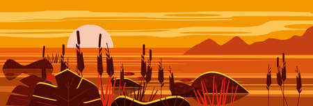Beautiful landscape Sunset sea, lake, stones, reeds, flora, mountains. Vector illustration, trendy cartoon style, poster, bannerのイラスト素材