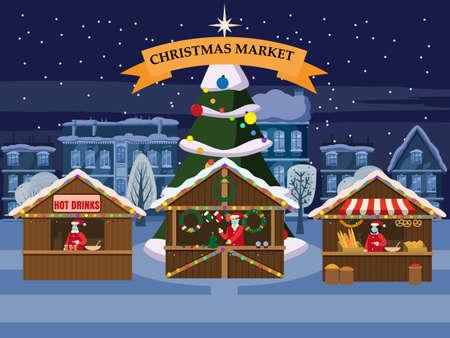 Christmas Market holiday fairs or festive on city square. In conditions of the COVID 2019 pandemic sellers in medical masks, Social distancing. Canopy, stalls, kiosks. Background silhoutte old town, Xmas tree. Vector illustrationのイラスト素材