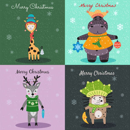 Christmas Animals Card Set cute hippo, hedgehog, deer, giraffe. Hand drawn collection characters illustration vector isolatedのイラスト素材