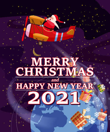 Santa Claus Van with text Merry Chrismas and Happy New Year 2021 flying in plane retro delivering shipping giftsの写真素材