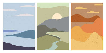 Set Landscapes Abstract Modern Contemporary background sunset sea ocean. Mountains, hills, waves shapes. Vector illustration trendy art flat minimalist style template banner poster decorのイラスト素材