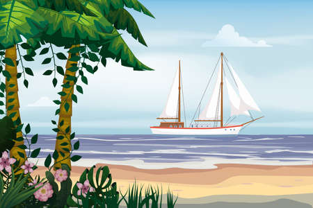 Summer Vacation Poster. Seascape beach palms seachore sailing yacht tropical ocean, vector, illustration bannerのイラスト素材