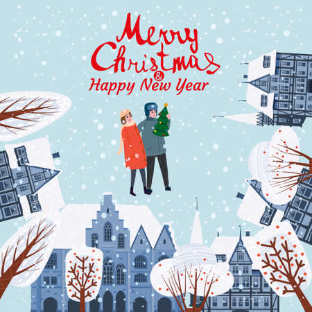 Merry Christmas Greeting Card old city Europe buildings, Couple in Love with christmas tree. Lettering Vector poster banner illustrationのイラスト素材