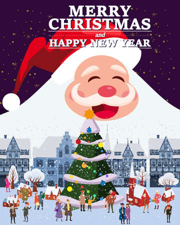 Santa Claus big and funny smiling background Christmas market in city town. Greeting card Merry Christmas and Happy New Year poster banner vector illustration isolated cartoon styleのイラスト素材