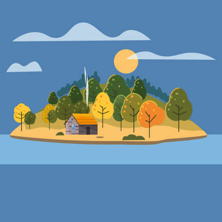 Beautiful Island landscape view on river or lake, autumn, mountains. Forest lonely house. Vector illustration background trendy flat styleのイラスト素材