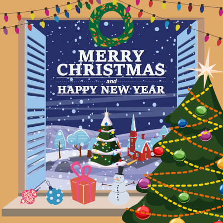 Merry Christmas Window view on winter old town, village night, christmas tree, New Year retro toys decorations. Vector illustration cartoon flat styleのイラスト素材