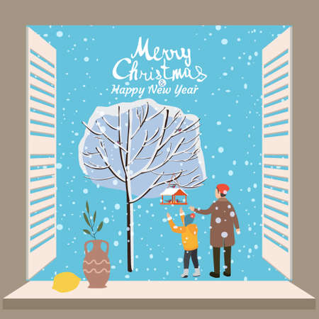 Merry Christmas Window view on winter Father and son feed birds snow trees. Lettering Vector poster banner illustrationのイラスト素材