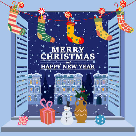 Merry Christmas Window view on winter old town, village night, socks with gifts, New Year retro toys decorations. Vector illustration cartoon flat styleのイラスト素材