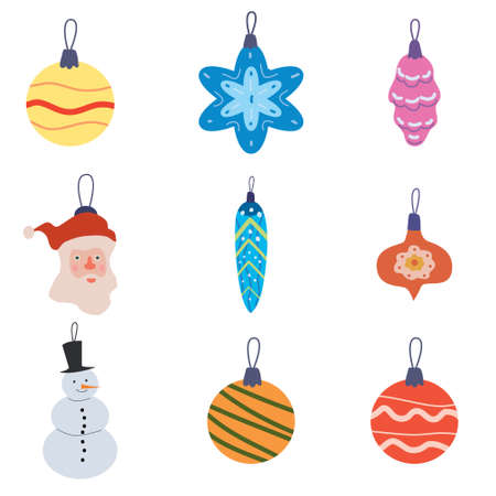 Set Christmas Retro Toys balls decorative elements. Xmas collection vintage elements baubles. Vector illustration accessories for poster banner cardのイラスト素材