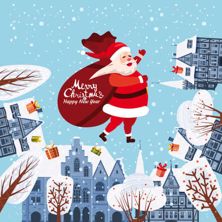 Santa Claus with a bag of gifts on the roofs of houses wishes a Merry Christmas and Happy New Year, gives gifts. Old European architecture, lettering, snow, vector flat cartoon illustrationのイラスト素材