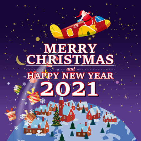 Santa Claus Van with text Merry Chrismas and Happy New Year 2021 flying in plane delivering shipping giftsのイラスト素材