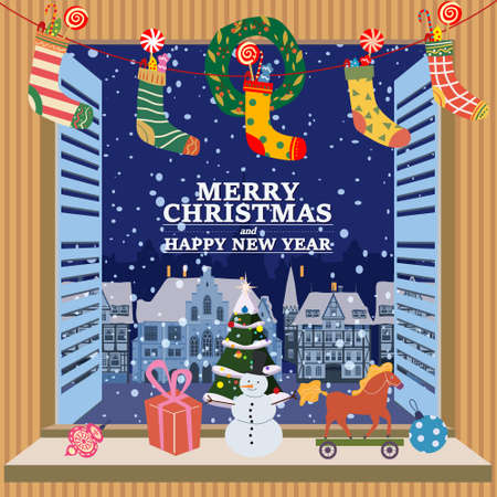 Merry Christmas Window view on winter old town, village night, socks with gifts, christmas tree, New Year retro toys decorations. Vector illustration cartoon flat styleのイラスト素材