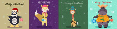 Christmas Animals Card Set cute hippo, fox, penguin, giraffe. Hand drawn collection characters illustration vector isolatedのイラスト素材