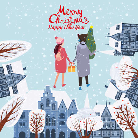 Merry Christmas Greeting Card old city Europe buildings, Couple in Love with christmas tree. Lettering Vector poster banner illustration