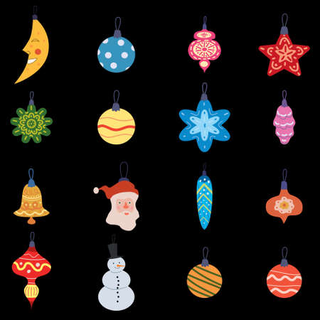 Set Christmas Retro Toys balls decorative elements. Xmas collection vintage elements baubles, toys, gift boxes, garlands, xmas trees. Vector illustration accessories for poster banner cardのイラスト素材