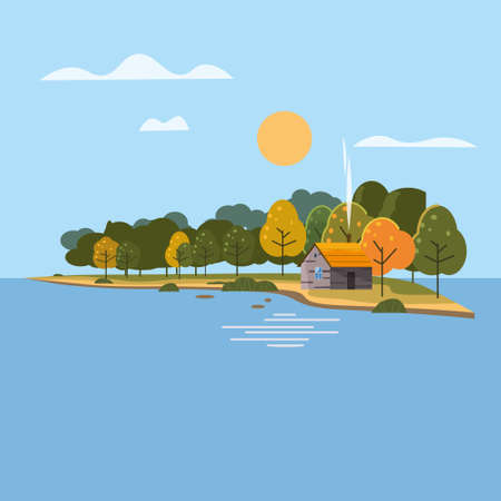 Beautiful Island landscape view on river or lake, autumn. Forest lonely house. Vector illustration background trendy flat styleのイラスト素材