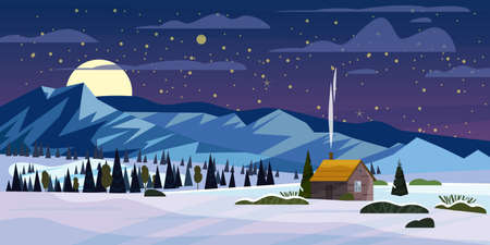 Winter mountains snow landscape panorama, pines ate, hills lonely building, field, night, moon. Vector illustration card, poster, banner templateのイラスト素材