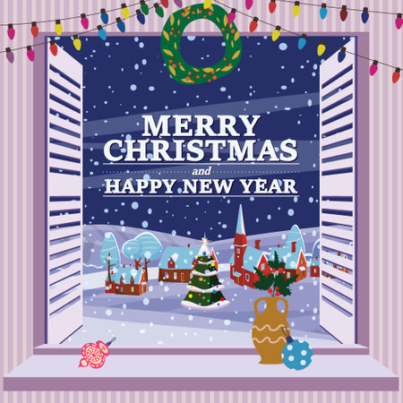 Merry Christmas Window view on winter town, village christmas tree, New Year retro toys decorations. Vector illustration cartoon flat styleのイラスト素材