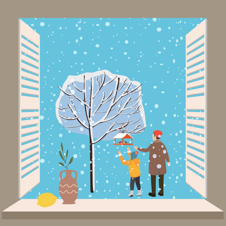 Merry Christmas Window view on winter Father and son feed birds snow trees. Lettering Vector poster banner illustrationのイラスト素材