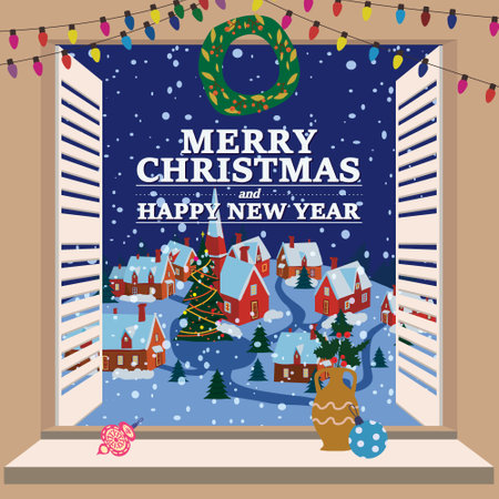 Merry Christmas Window view on winter old town, village night, christmas tree, New Year retro toys decorations. Vector illustration cartoon flat styleのイラスト素材