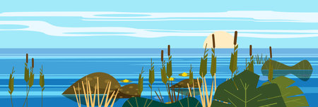 Beautiful landscape sea, lake, stones, reeds, flora, mountains. Vector illustration, trendy cartoon style, poster, bannerのイラスト素材