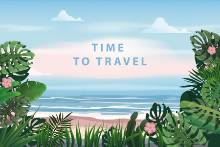 Time To Travel Summer Vacation Poster. Seascape beach flora seachore tropical ocean, vector, illustrationのイラスト素材