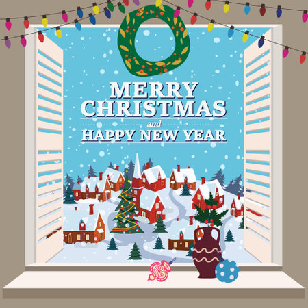 Merry Christmas Window view on winter town, village christmas tree, New Year retro toys decorations. Vector illustration cartoon flat styleのイラスト素材