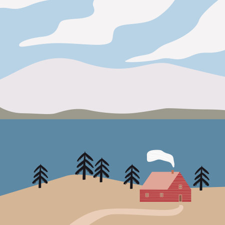 Scandinavian landscape red house, sea, winter, mountains, hills, fjord, pine trees. Minimalist Nordic nature illustration, vector backgroundのイラスト素材