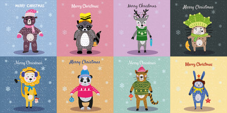 Christmas Animals Card Set cute bear, cat, lion, panda, hedgehog, raccoon, deer, rabbit. Hand drawn collection characters illustration vector isolatedのイラスト素材