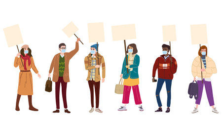 Set of Protesters crowd man and woman in medical masks from virus COVID, holding empty banners.のイラスト素材