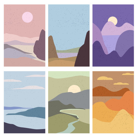 Set Landscapes Abstract Modern Contemporary background sunset sea ocean. Mountains, hills, waves shapes. Vector illustration trendy art flat minimalist style template banner poster decorのイラスト素材