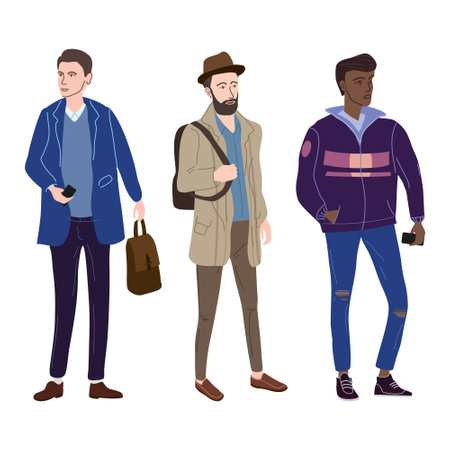 Set Young mans students in modern autumn trendy clothes. Fashion casual outerwear street style characters. Flat cartoon style vector isolated illustrationのイラスト素材