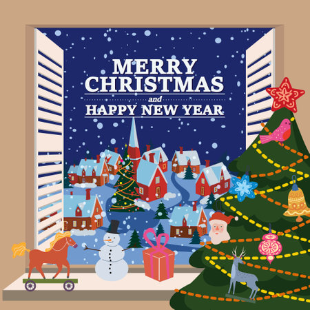 Merry Christmas Window view on winter old town, village night, christmas tree, New Year retro toys decorations. Vector illustration cartoon flat styleのイラスト素材