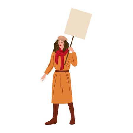 Protester woman holding empty banner. Activist protesting, political meeting, strike human female rights. Vector illustration isolatedのイラスト素材