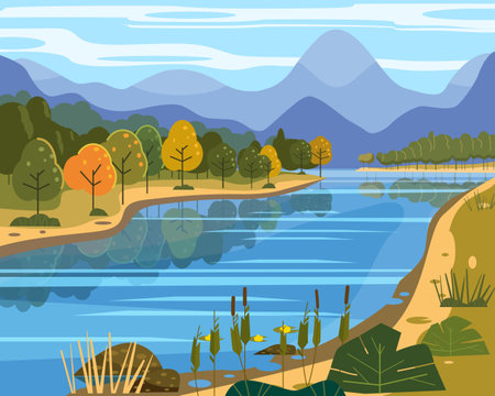 Landscape river flowing to mountains, hills. Coast autumn scenic forest, meadows. Vector illustration background poster banner trendy flat cartoon styleのイラスト素材
