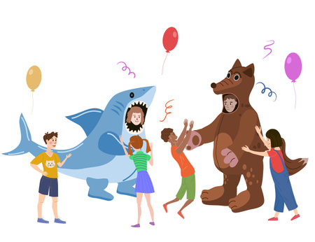 Holiday party actors entertainer wearing in costume Shark and Wolf, play with kids. Performance Birhday Carnaval Party, group children with adult animator. Vector cartoon flat styleのイラスト素材