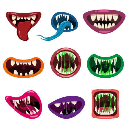 Set Monsters mouths creepy and scary. Funny jaws teeths tongue creatures expression monster horror saliva slime. Vector isolated illustration cartoon styleのイラスト素材