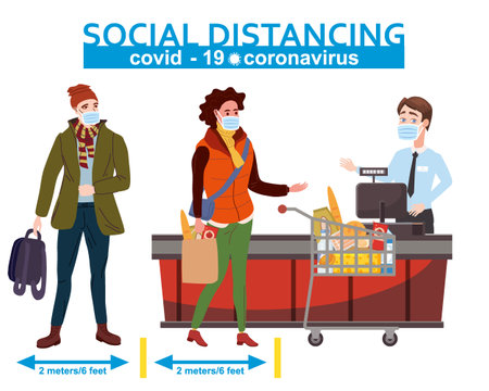 Supermarket social distancing store counter cashier and in medical masks, with cart and basket of food. Quarantine coronavirus 2019-nCoV 2 wave in the store epidemic precautions. Cartoon style vector illustrationのイラスト素材