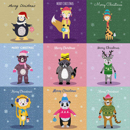 Christmas Animals Card Set cute fox, bear, cat, lion, raccoon, deer, penguin, panda, giraffe. Hand drawn collection characters illustration vector isolatedのイラスト素材